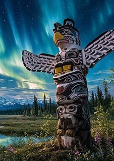 A carved totem pole beneath the northern lights